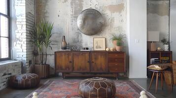 mysigt och rustik loft lägenhet med trä- möbel och dekor element visa upp en värma och inbjudande levande Plats foto