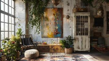 inbjudande rustikt-chic loft Plats med mysigt atmosfär och stil foto