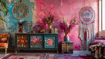 vibrerande boheminspirerad interiör med eklektisk dekor och visas foto