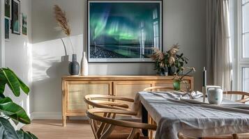 mysigt scandinavian dining rum med fascinerande aurora borealis landskap konstverk foto