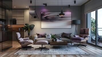 eleganta modern levande rum med lila accenter och eames stol i värma atmosfär foto