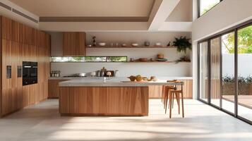 scandinavian kök minimalistisk design med trä accenter och polerad betong bänkskivor foto