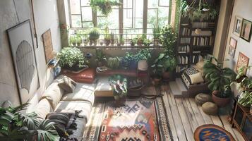 mysigt och inbjudande boheminspirerad levande rum med naturinfunderad dekor och riklig grönska foto