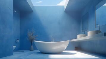 modern blå badrum med strålnings solljus och minimalistisk design foto