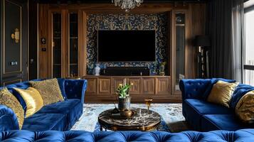 lyxig levande rum med djup blå sammet soffor och guld accenter utsöndrar överflöd och elegans foto