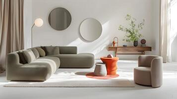 minimalistisk levande rum design med oliv grön hörn soffa och cirkulär speglar - lugn scandinavian estetisk foto