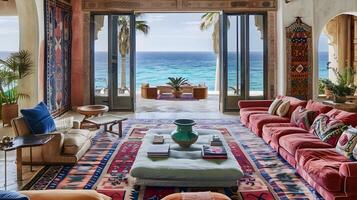 lyx levande rum med vibrerande bohemisk mönster och azurblå hav se i en man resorts villa foto