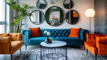 modern levande rum med kricka chesterfield soffa och mandarin fåtöljer fattande senast dekor trender foto