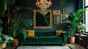 maximalist levande rum flathet lyxig grön sammet chesterfield soffa basks i gyllene ramar och frodig tropisk växter foto