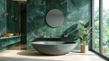 lyxig grön marmor badrum med fristående sten badkar och minimalistisk design estetik i naturlig ljus foto