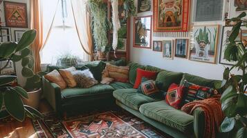 smaragd- grön sammet soffa pryder en vibrerande bohemisk levande rum med jordnära toner och mysigt årgång posters foto