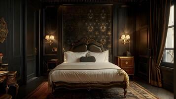 elegant säng i mörk hotell rum en lyxig hamn av utsmyckad detaljer och antik möbel foto