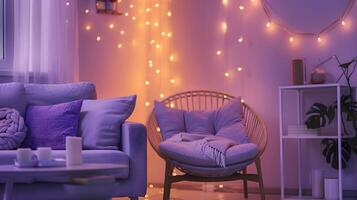 mysigt lila levande rum med plysch accent stol och fe- lampor på skymning foto