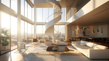 höghus takvåning levande rum med spiral trappa och panorama- se av solbelyst ny york stad foto