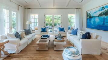 kust levande rum med vit soffor och blå accenter badade i naturlig ljus utsikt en tropisk landskap foto