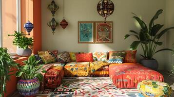 färgrik levande rum dekor med invecklad mönster och arab geometrisk mönster foto