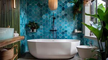 blå vaxkaka plattor luftig badrum med vit fixturer i en tropisk trädgård hus foto
