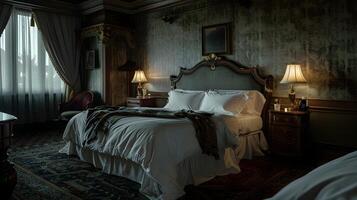 antik hotell sovrum utsöndrar bekväm lyx i lynnig belysning foto