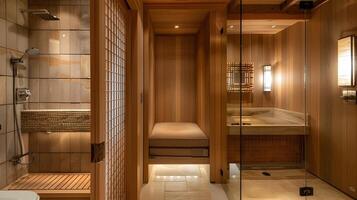 zen japansk badrum design en blötläggning ceder badkar oas med sten bänk gå in dusch och rispapper belysning foto