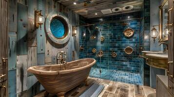 årgång nautiskt tema badrum med riden trä badkar och blå glas plattor foto