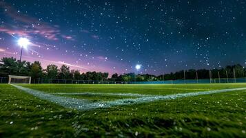 starry fotboll kasta himmelsk kartläggning och lysande gräns rader smycka de lugn nattetid fält foto