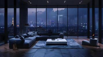 ultramoderna öppen planlösning lägenhet sola i de fantastisk stad lampor vista foto