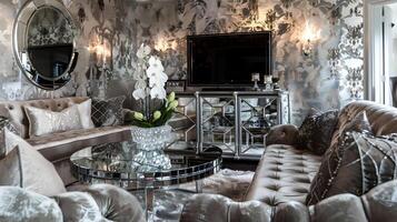 en glamorös levande rum utsöndrar elegans med metallisk damast- tapet och silver- sammet soffa foto