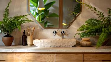 lugn scandinavian badrum fåfänga Utsmyckad med minimalistisk hexagonal spegel och frodig grönska foto
