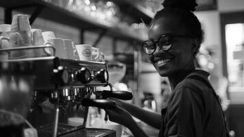 livsstil bild leende Barista på arbete foto