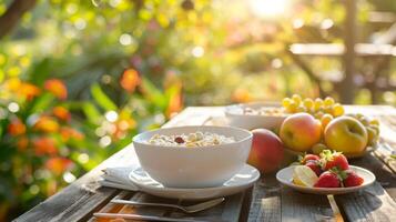 ett utomhus- frukost miljö med skålar av gröt och frukt på en picknick tabell, foto