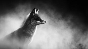en svart och vit fotografi av en räv i de vild foto