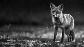 en svart och vit fotografi av en räv i de vild foto