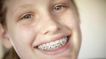 tandställning på tänder skön röd mun och vit tänder med metall tandställning. en flickans leende. foto