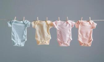 pastell bebis kläder på linje, grå bakgrund foto