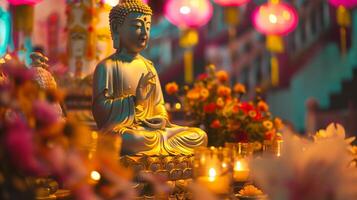 en buddha staty omgiven förbi brinnande ljus och blommor. de begrepp av Lycklig Vesak dag. erfarenhet de lugn skönhet av en buddist helgon. de bokeh effekt i de bakgrund. foto