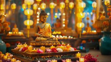 en buddha staty omgiven förbi brinnande ljus och blommor. de begrepp av Lycklig Vesak dag. erfarenhet de lugn skönhet av en buddist helgon. de bokeh effekt i de bakgrund. foto