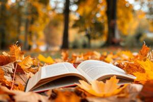 öppen bok bland höst löv på jord foto