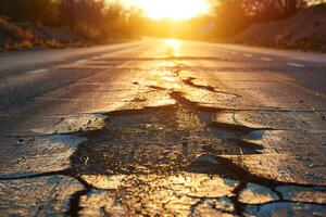 solnedgång över en bruten asfalten väg. foto