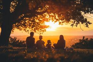 silhouetted familj tittar på solnedgång tillsammans. foto