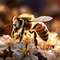 en bi pollinerar en blomma på en solig dag. närbild, foto