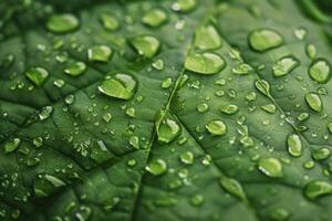 regndroppar klängande till en vibrerande grön blad foto
