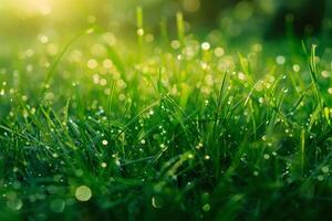 solbelyst dagg droppar på vibrerande grön gräs foto