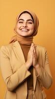 europeisk kvinna bär scarf är bön- och leende på orange bakgrund foto