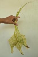 Ketupat isolerat på vit bakgrund. en typisk eid al-fitr maträtt tillverkad från ris insvept i en slå in tillverkad från vävd ung kokos löv. typisk malaysiska och indonesiska mat foto