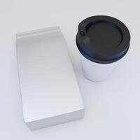 attrapp av folie påse förpackning och kaffe kopp, topp se perspektiv isolerat på vit bakgrund foto