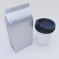 attrapp av folie påse förpackning och kaffe kopp, främre se perspektiv isolerat på vit bakgrund foto