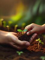 grön lummig frön den där växa i bördig jord är passerade från vuxen hand till mycket liten bebis hand, miljö- design begrepp foto