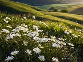 fält av daisy i de kväll Sol. skön natur bakgrund. foto