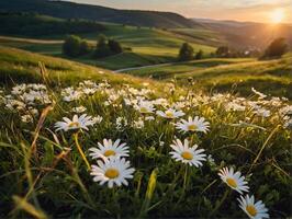 fält av daisy på solnedgång i Toscana, Italien foto