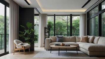 modern levande rum med soffa och kaffe tabell, 3d tolkning design foto